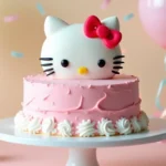 A close-up of a Hello Kitty-themed cake with detailed fondant decorations, featuring her iconic face and a red bow on a pink frosted base