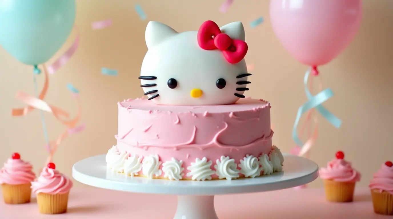 A close-up of a Hello Kitty-themed cake with detailed fondant decorations, featuring her iconic face and a red bow on a pink frosted base